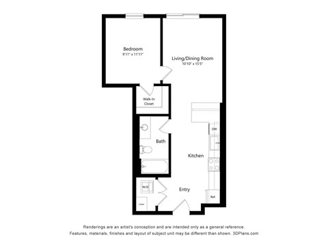 Floor plan for 1 bed, 1 bath, 666 sqft